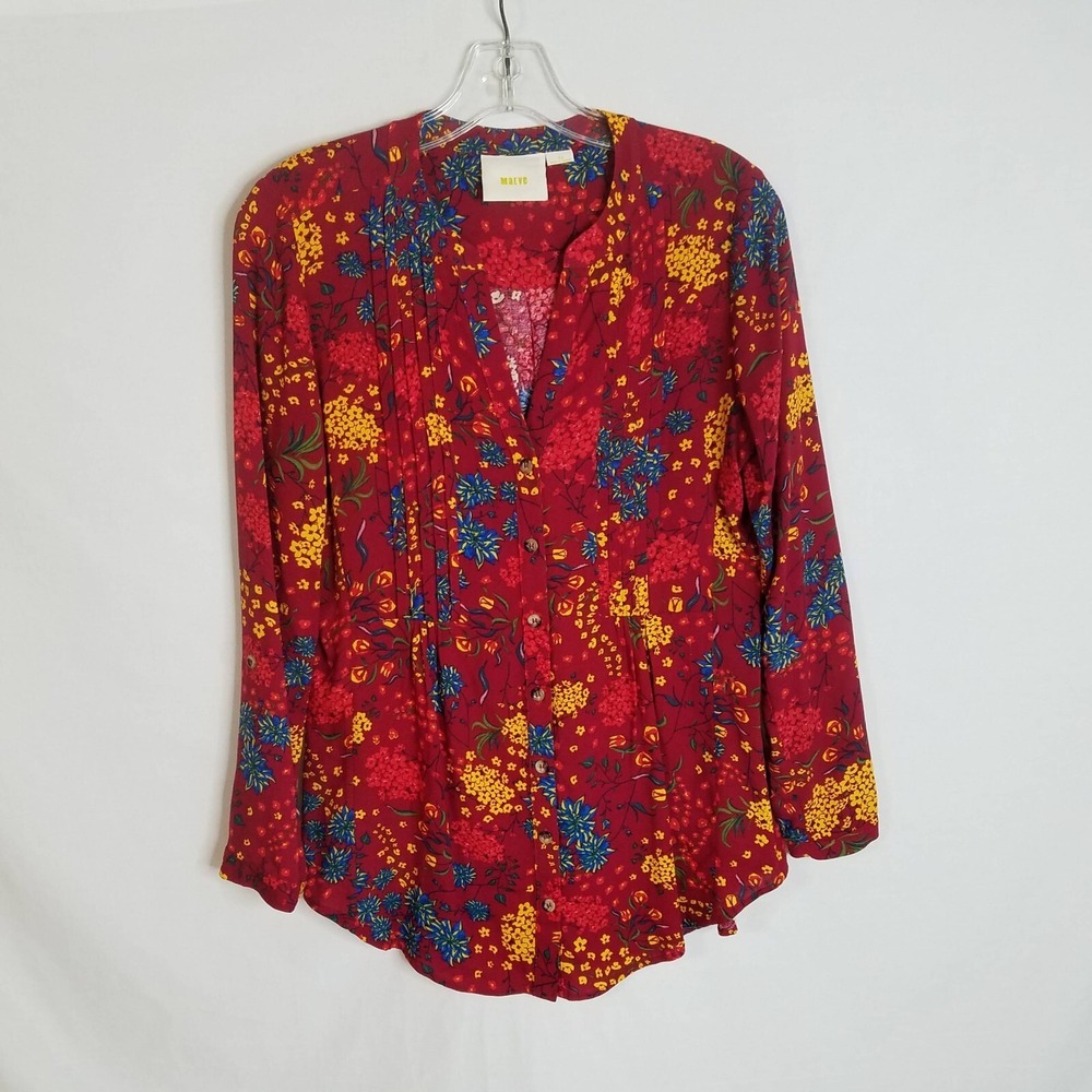 Anthropologie Maeve Womens Floral Button Front Pin Tuck L/S V-Neck Shirt Size XS
